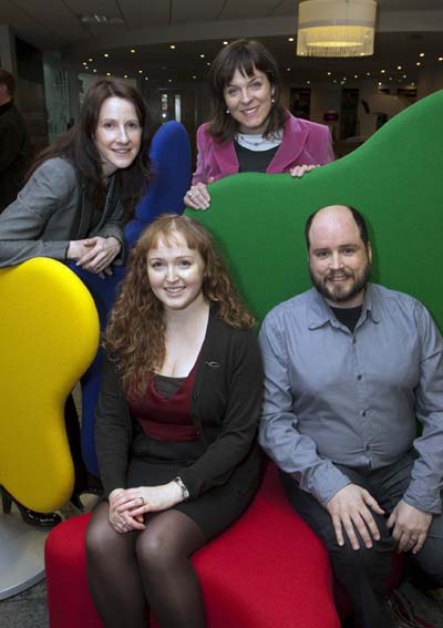 Claire McHugh, CEO of Axonista; Daragh Ward (seated);Maebh Conaghan from Enterprise Ireland (top right) and Karen O'Regan from PA Consulting (top left), pictured at an Enterprise Ireland Propel programme event