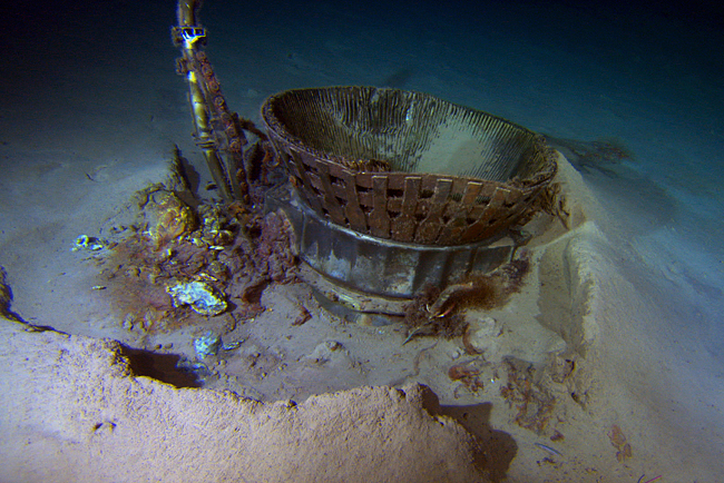 F-1 engine thrust chamber pictured underwater (image via Bezos Expeditions)