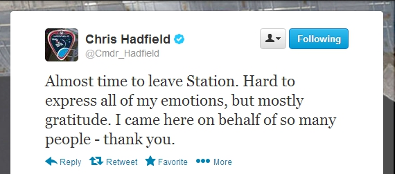 Tweet from Chris Hadfield @Cmdr_Hadfield