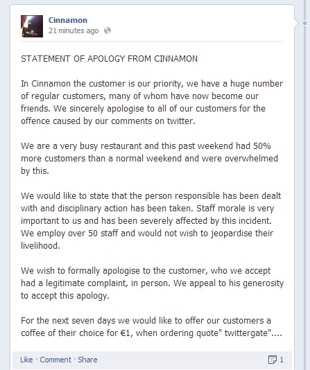 Cinnamon's apology on Facebook