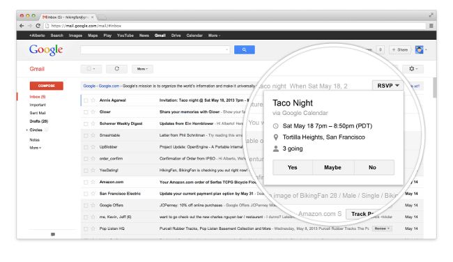 Gmail inbox with quick action buttons