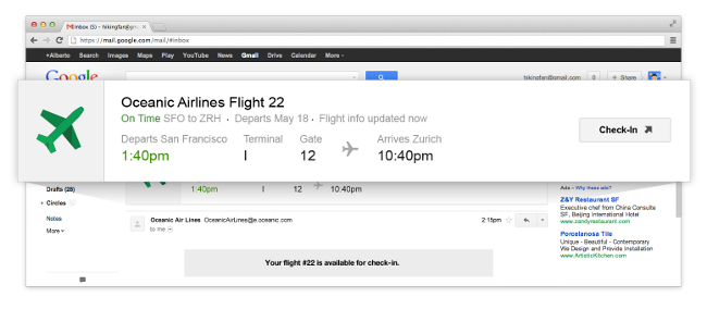 Email opened in Gmail with flight information