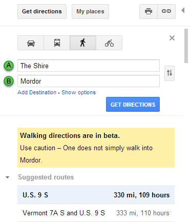 Google Maps search Easter egg - The Shire to Mordor