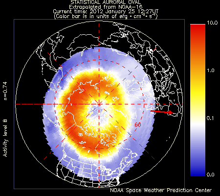 Latest Northern Statistical Auroral Oval. Image courtesy of NOAA Space Weather Prediction Center
