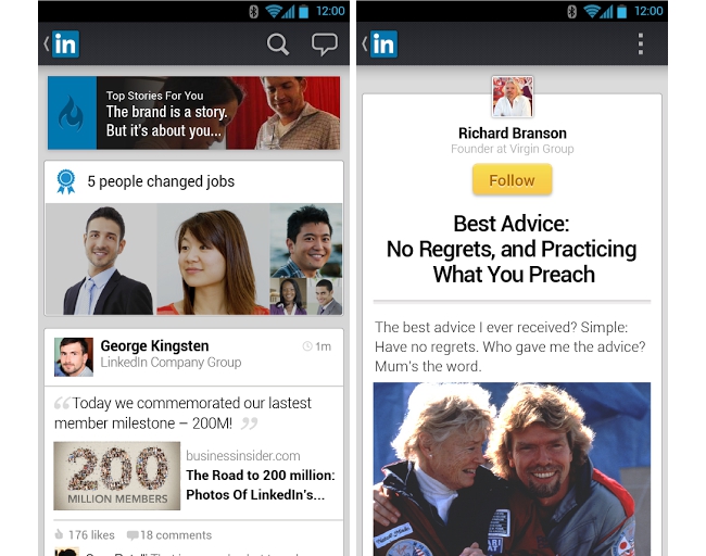 Screenshots from the new LinkedIn app on Android