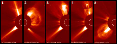The sun produced five eruptions over a two-day period. The fourth eruption hurled white-hot material (circular inset) high into the solar corona. Image credit NASA/SOHO/H. Zell
