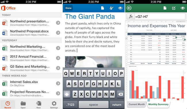 Screenshots of Microsoft Office for iPhone