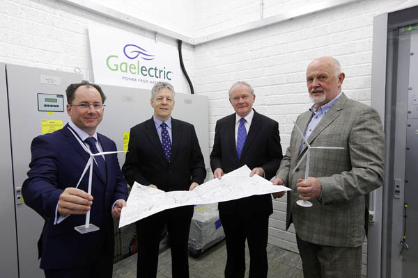 Pictured at the Carn Hill wind farm's sub station this morning were Barry Gavin, finance director, Gaelectric; Northern Ireland First Minister Peter Robinson; deputy First Minister Martin McGuinness; and Brendan McGrath, CEO, Gaelectric