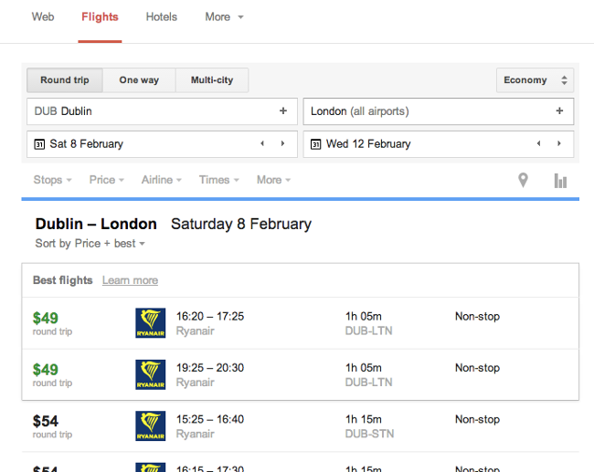Google Flight Search with results from Ryanair