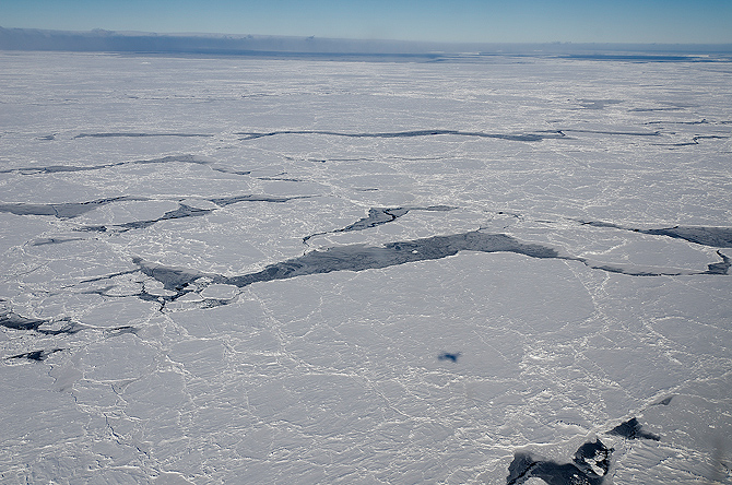 The ice covering the Bellingshausen Sea, off the coast of Antarctica, as seen from a NASA Operation IceBridge flight in October 2012. Credit: NASA/Michael Studinger