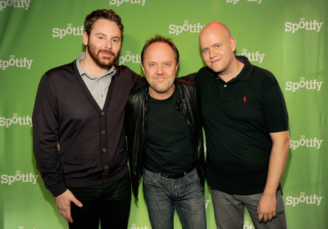 Sean Parker, Lars Ulrich and Daniel Ek, Spotify announcement (image by Kevin Mazur)