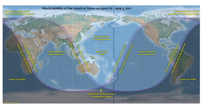 World visibility map for 5-6 June 2012 for Venus transit. Image credit: NASA / M. Zeiler