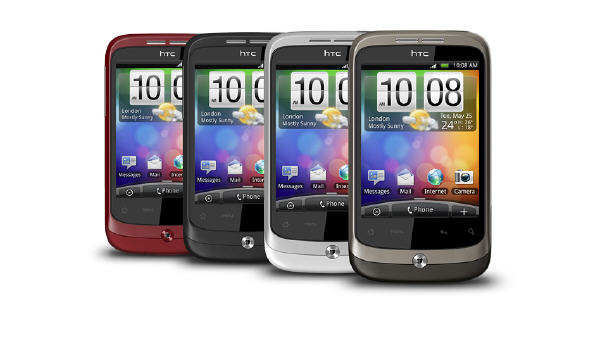 The HTC phone in four colours - red, black, silver and brown