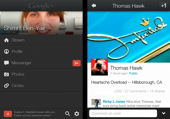 Google+ for iPhone home screen and post view