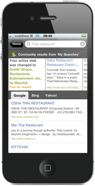 HeyStaks social search results, appearing on the iPhone 4 screen
