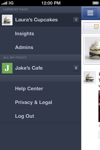 Facebook Pages Manager app screenshot - Sidebar