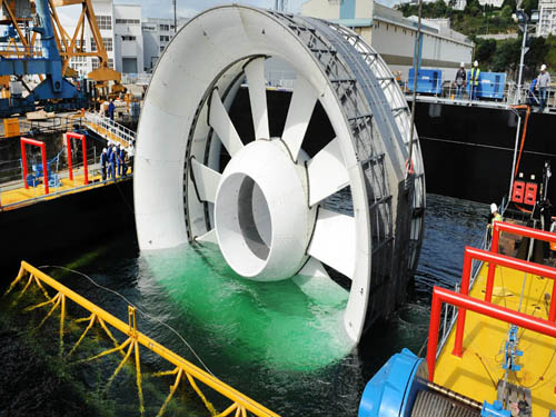 An OpenHydro 16m tidal turbine before being deployed off the coast of Brittany, France, in 2011