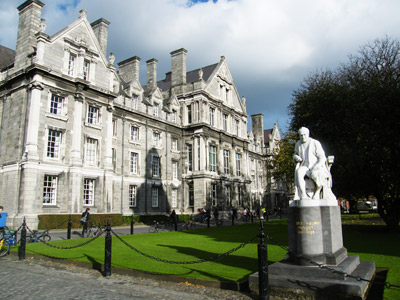 View of the statue of George Salmon in Parliament Square at TCD. As well as being a mathematician and theologian, Salmon (1819-1904) was provost of the university until his death in 1904. He opposed the admittance of women to TCD. The sculpture of Salmon appears to have been carved out of Galway marble by the sculptor John Hughes. Image courtesy of the composer Matthew Barnson, assistant professor of composition at TCD