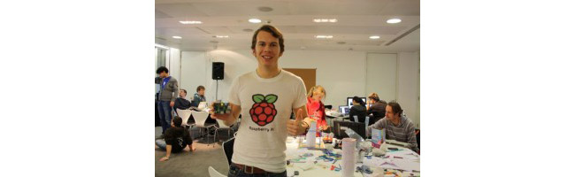 Raspberry Pi tech evangelist Rob Bishop models a Rasperry Pi T-shirt (image by Charlotte Spencer)