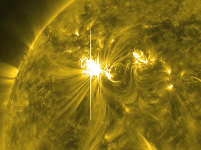 This image is from the 6 March 2012 X5.4 flare, captured by the Solar Dynamics Observatory (SDO) in the 171 Angstrom wavelength. Credit: NASA/SDO/AIA 