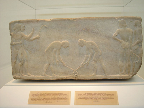 Greeks playing hockey in 500BC, from a marble relief at the Kerameikos, Athens. This relief is held in the National Archaeological Museum, Athens