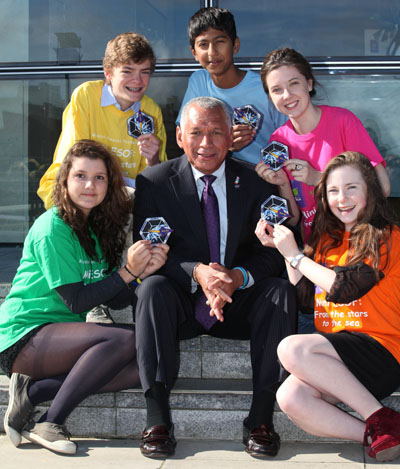 NASA administrator Charles F Bolden pictured with some of the young people who attended his presentation in Dublin today. They include, from left: Julie Alexia Dias from Paris, Jack Doran from Clontarf, Dublin, Prithvi Narayana from Virginia in the US, Gemma Lyons from Lucan, Dublin and Orlaith Cullen from Co Laois 