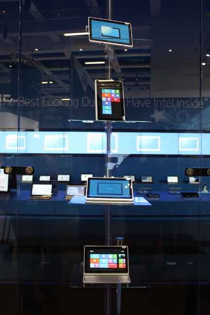 A wall of hybrid laptops with Intel inside