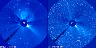 Snow on the windshield. Solar particle storm impacted Planet Earth on 24/25 January. An M8.7 soft X-ray flare and the eruption of a fast coronal mass ejection (CME), began early on January 23, 2012, igniting the most intense solar energetic particle storm since 2005 - image courtesy of the Solar & Heliospheric Observatory