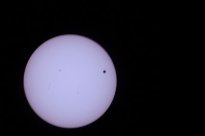 Astronaut Don Pettit took images of the Transit of Venus from the International Space Station. In this one you can also see sunspots on the Sun as well as the transit of Venus. Image credit: NASA