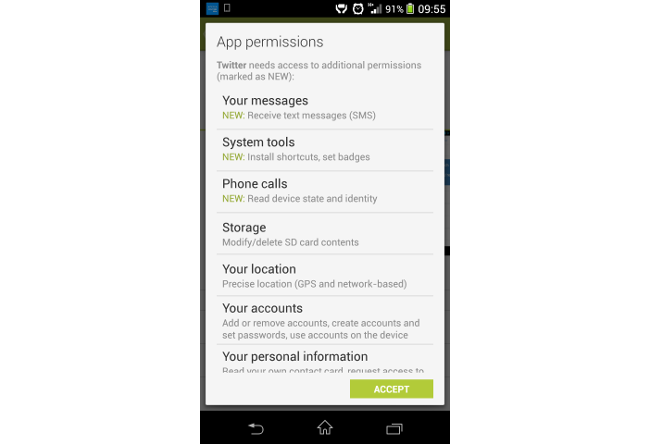 Twitter app permissions on Android