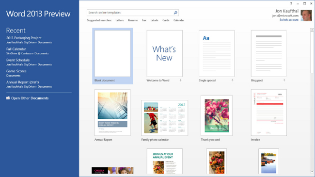 Word start screen (Windows 8, new Office)