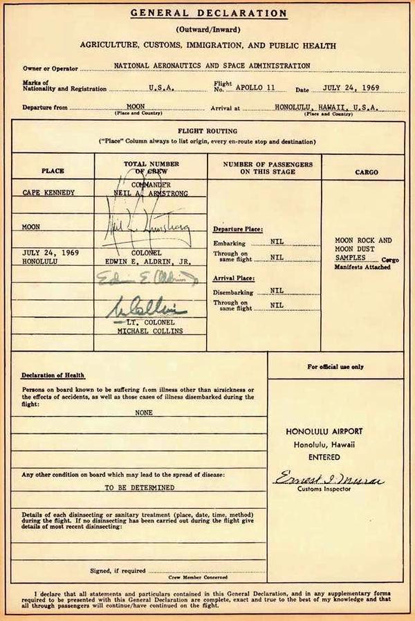 Apollo 11's US Customs form