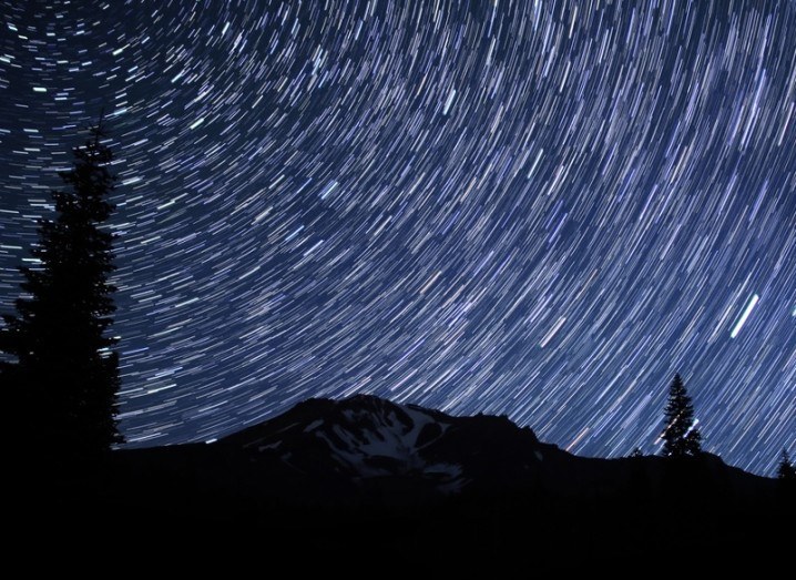 Perseid meteor shower star trails over Mt Shasta, California
