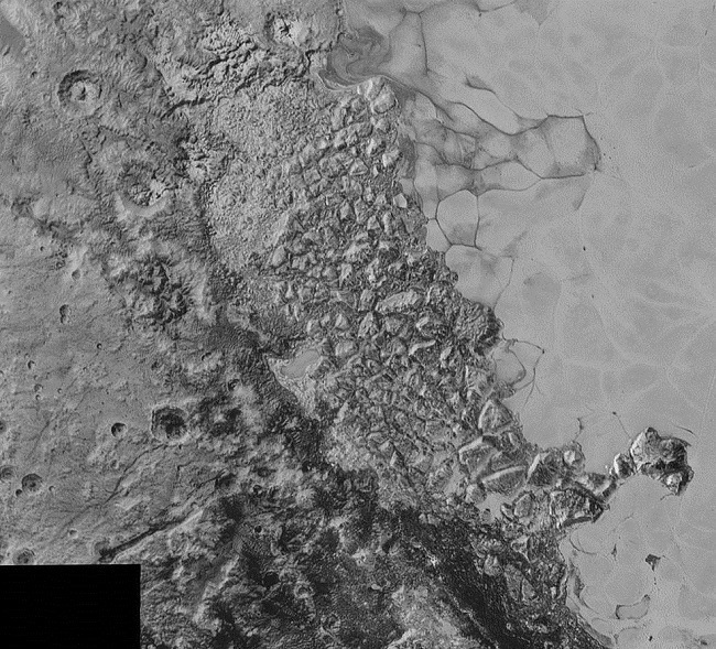 The chaotic terrain surrounding the Sputnik Planum. Image via NASA/Johns Hopkins University Applied Physics Laboratory/Southwest Research Institute