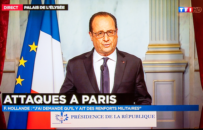 French president Francois Hollande addresses his nation after the attacks, via Hadrian/Shutterstock