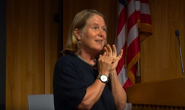 Diane Greene speaking at a UC Berkeley event recently. Image via YouTube