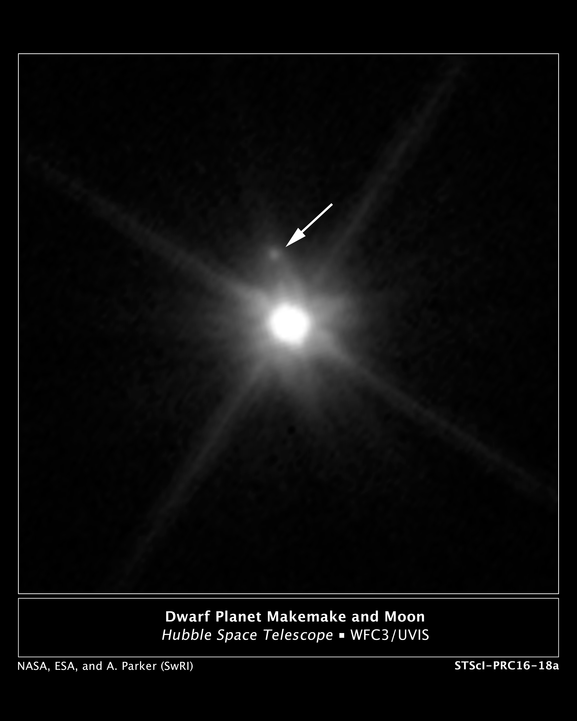 Makemake and its moon, with the Hubble team's annotation