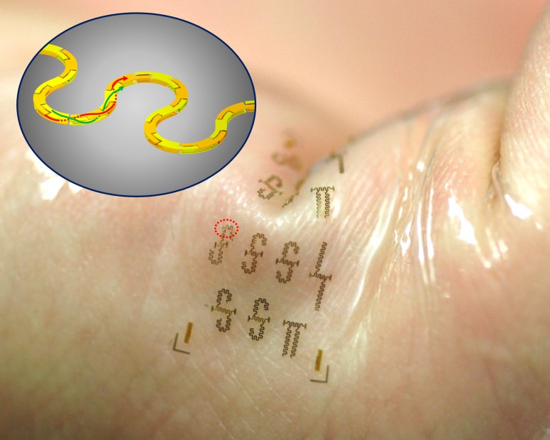 Fabricated in interlocking segments like a 3-D puzzle, the new integrated circuits could be used in wearable electronics that adhere to the skin like temporary tattoos. Because the circuits increase wireless speed, these systems could allow health care staff to monitor patients remotely, without the use of cables and cords – via WISC/Yei Hwan Jung and Juhwan Lee