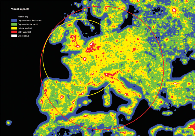 Diagram showing severity of light pollution in Western Europe