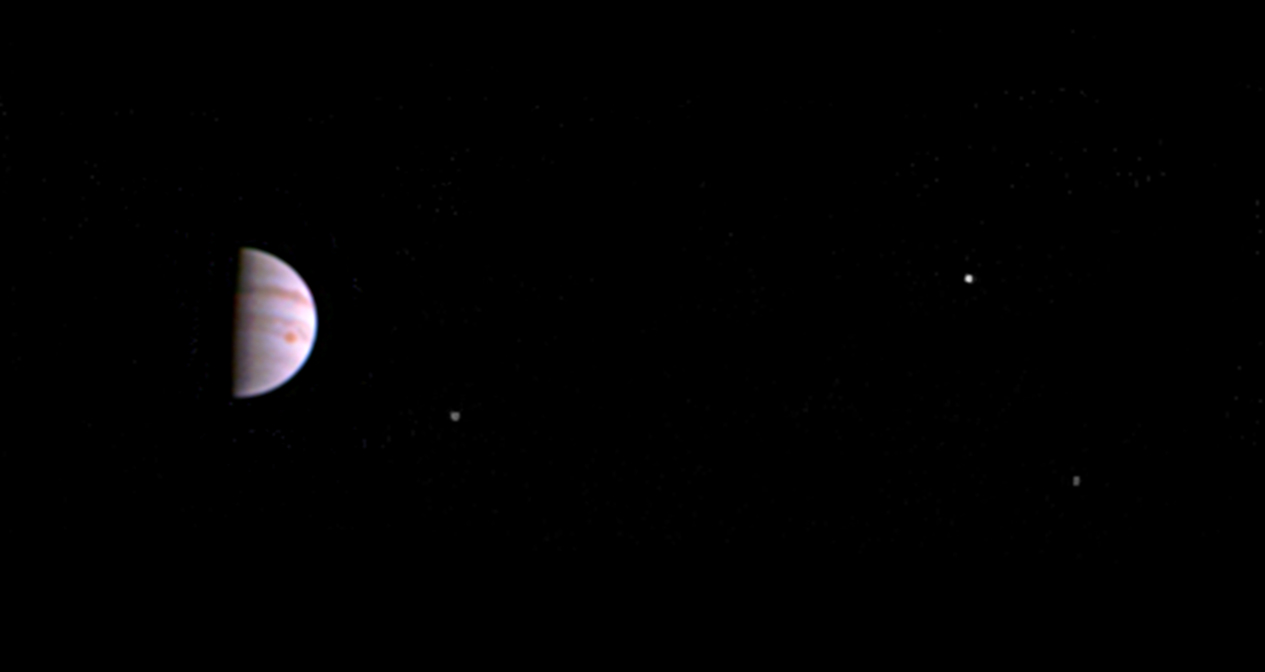 Jupiter, with three of its four moons in shot, via NASA/JPL-Caltech/SwRI/MSSS