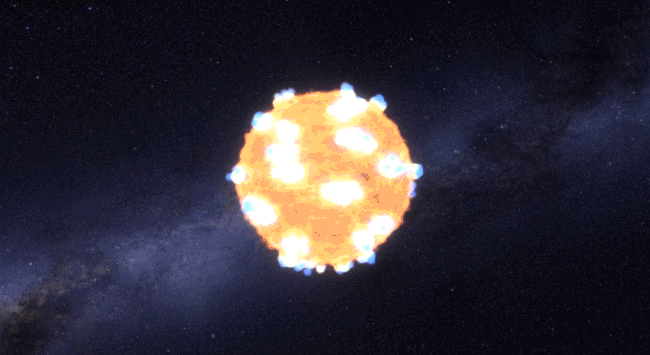 The animated recreation of KSN 2011d shows when a star’s internal furnace can no longer sustain nuclear fusion, and its core collapses under gravity. A shockwave from the implosion rushes upward through the star’s layers. The shockwave initially breaks through the star’s visible surface as a series of finger-like plasma jets, via NASA Ames, STScI/G. Bacon