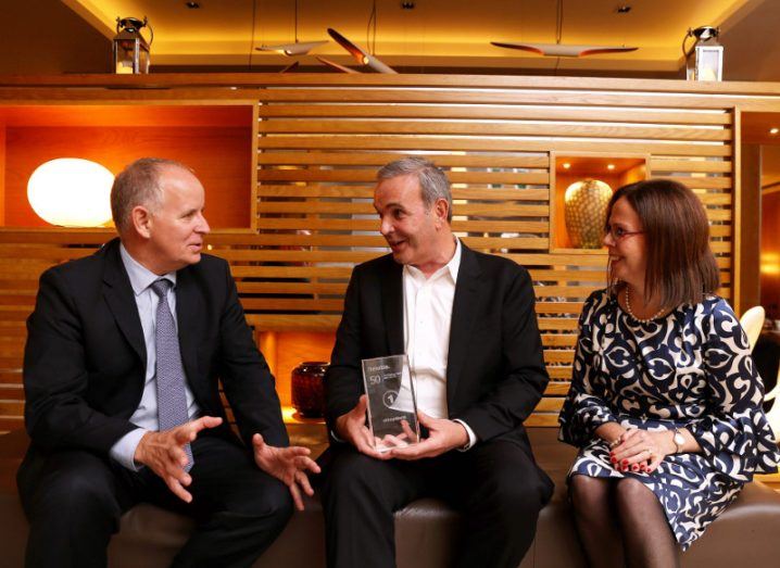 Pictured at the awards are (from left): Brendan Jennings, managing partner at Deloitte; Tommy Kelly, CEO of eShopWorld; Joan O’Connor, partner at Deloitte. Image: Jason Clarke Photography.