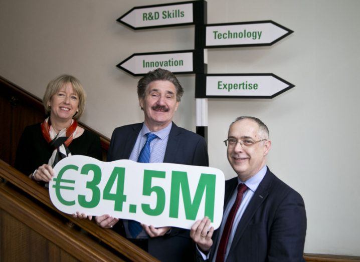 (From left) Director of Knowledge Transfer Ireland, Alison Campbell; Minister for Training, Skills and Innovation, John Halligan, TD; Enterprise Ireland’s divisional manager for research & innovation, Gearoid Mooney. Image: Colm Mahady/Fennells