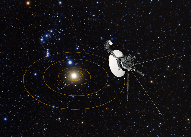 Voyager 1 with a bird’s-eye view of the solar system. The circles represent the orbits of the major outer planets: Jupiter, Saturn, Uranus, and Neptune. Voyager 1 is now zooming through interstellar space, the region between the stars that is filled with gas, dust, and material recycled from dying stars. Image: NASA, ESA, and J. Zachary and S. Redfield (Wesleyan University). Artist’s Illustration: NASA, ESA, and G. Bacon (STScI)