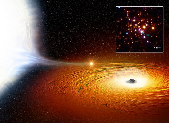 Artist’s illustration of a star found in the closest orbit known around a black hole in the globular cluster named 47 Tucanae. Image: NASA/CXC/University of Alberta/A.Bahramian et al. (X-ray); NASA/CXC/M.Weiss (illustration)