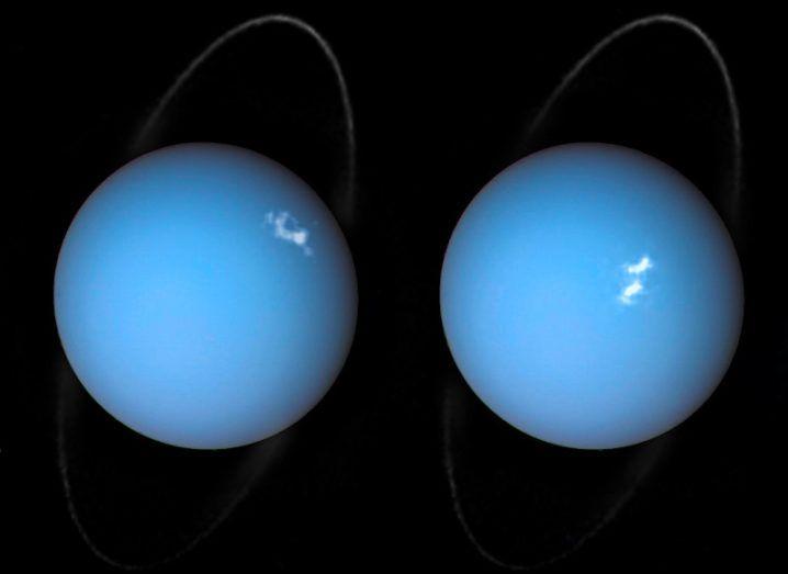 A composite image of Uranus by Voyager 2, and two different observations made by Hubble — one for the ring and one for the auroras. Image: ESA/Hubble and NASA, L Lamy/Observatoire de Paris