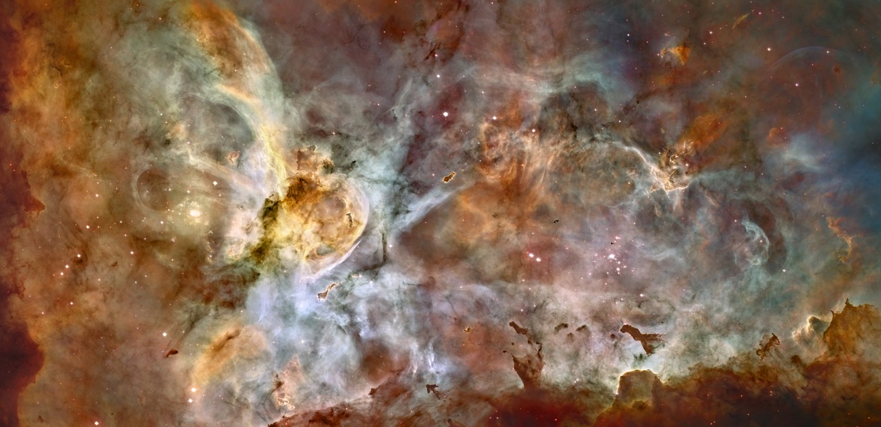 One of the largest panoramic images ever taken with Hubble's cameras. It is a 50-light-year-wide view of the central region of the Carina Nebula where a maelstrom of star birth – and death – is taking place. Image: NASA, ESA, Z. Levay (STScI)
