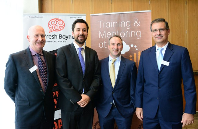 Pictured at the M1 Payments Corridor conference at the City North Hotel are, from left: Richard Hanlon of Vesta; Minister of State for Financial Services, eGovernment and Public Procurement, Eoghan Murphy, TD; Breanndan Casey of The Mill Drogheda Enterprise Hub and Michael Wasserfuhr, Vesta CFO and Board member of ATPC. Image: Andy Spearman.