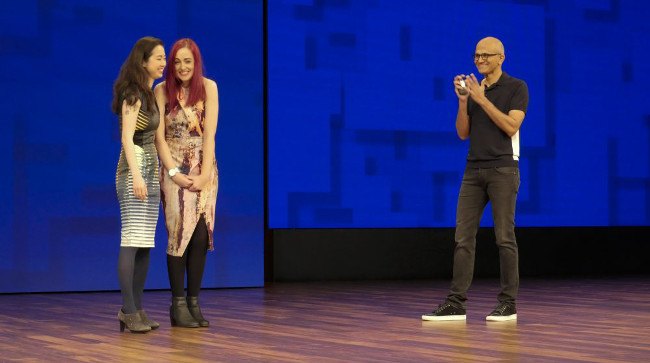 From left: Haiyan Zhang, Emma Lawton and Satya Nadella at Microsoft Build 2017. Image: Microsoft