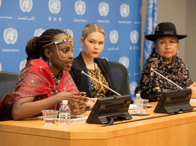 Valerie Kasaiyian (left), of Kenya, addresses a press conference on the empowerment of indigenous women at the United Nations, New York, March 2016